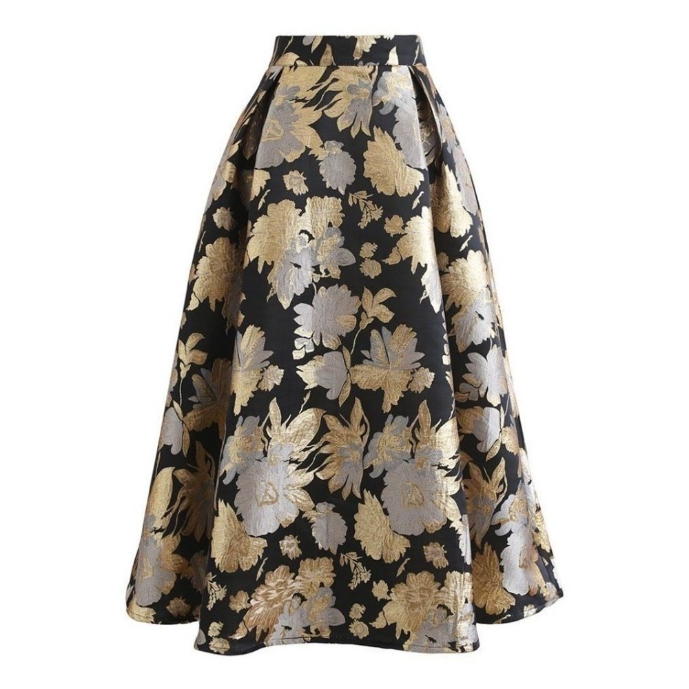 Chicwish Skirt Women's‎ Size 2XL Black Gold Silver Metallic Brocade Pleated Midi